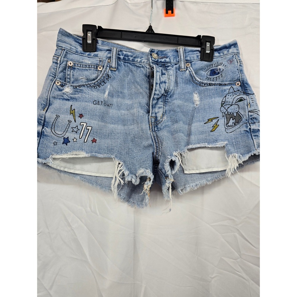 American Eagle Graphic Denim Shorts Light Wash Cut Off Distressed Womens 10